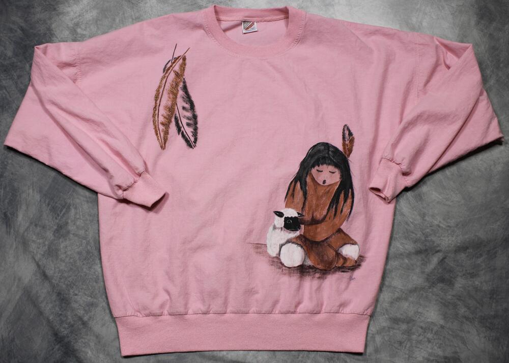 Vintage 1995 Hand Painted Jerzees USA Sweatshirt Pink Folk Art Native Girl Lamb